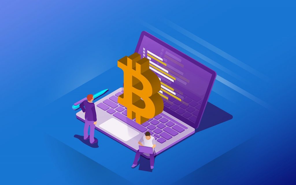 illustration isométrique montrant deux personnes travaillant sur un bitcoin géant depuis un ordinateur portable