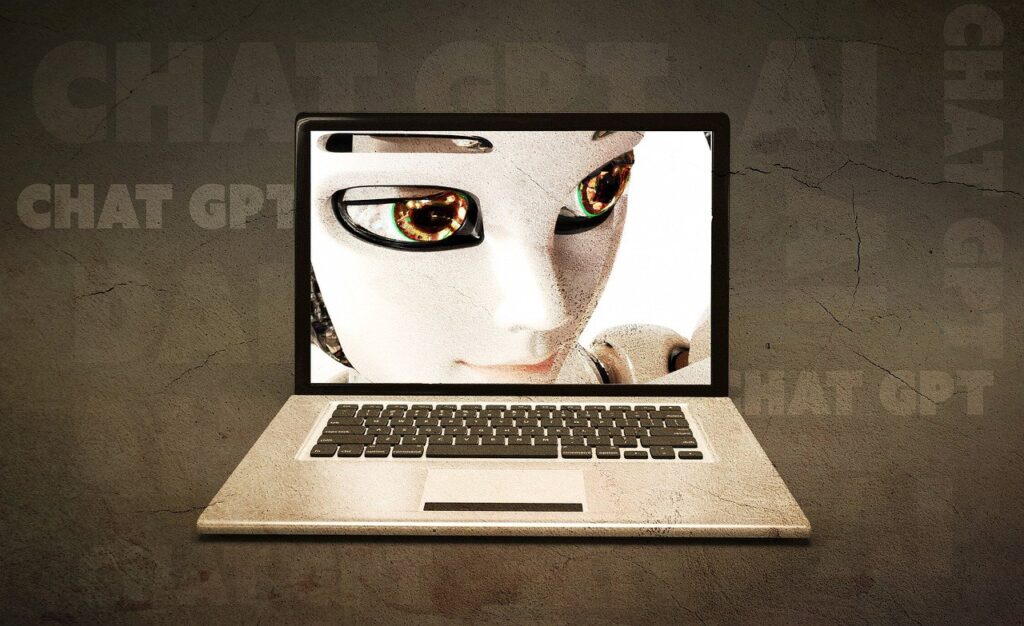 visage numérique avec yeux dorés sur écran de laptop, représentant l'IA ChatGPT