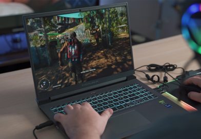a person playing a video game on a laptop