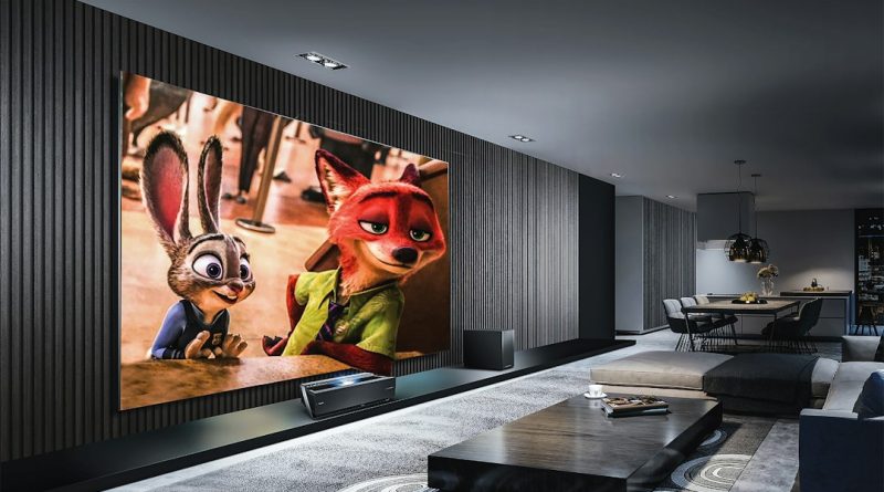 A large screen displaying an animated rabbit and fox in a modern living room